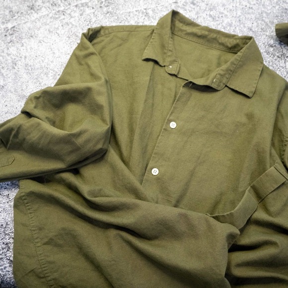 Mens Shirt XL Green Linen Button Down Long Sleeve Outdoors Minimalist Layer - Picture 15 of 16
